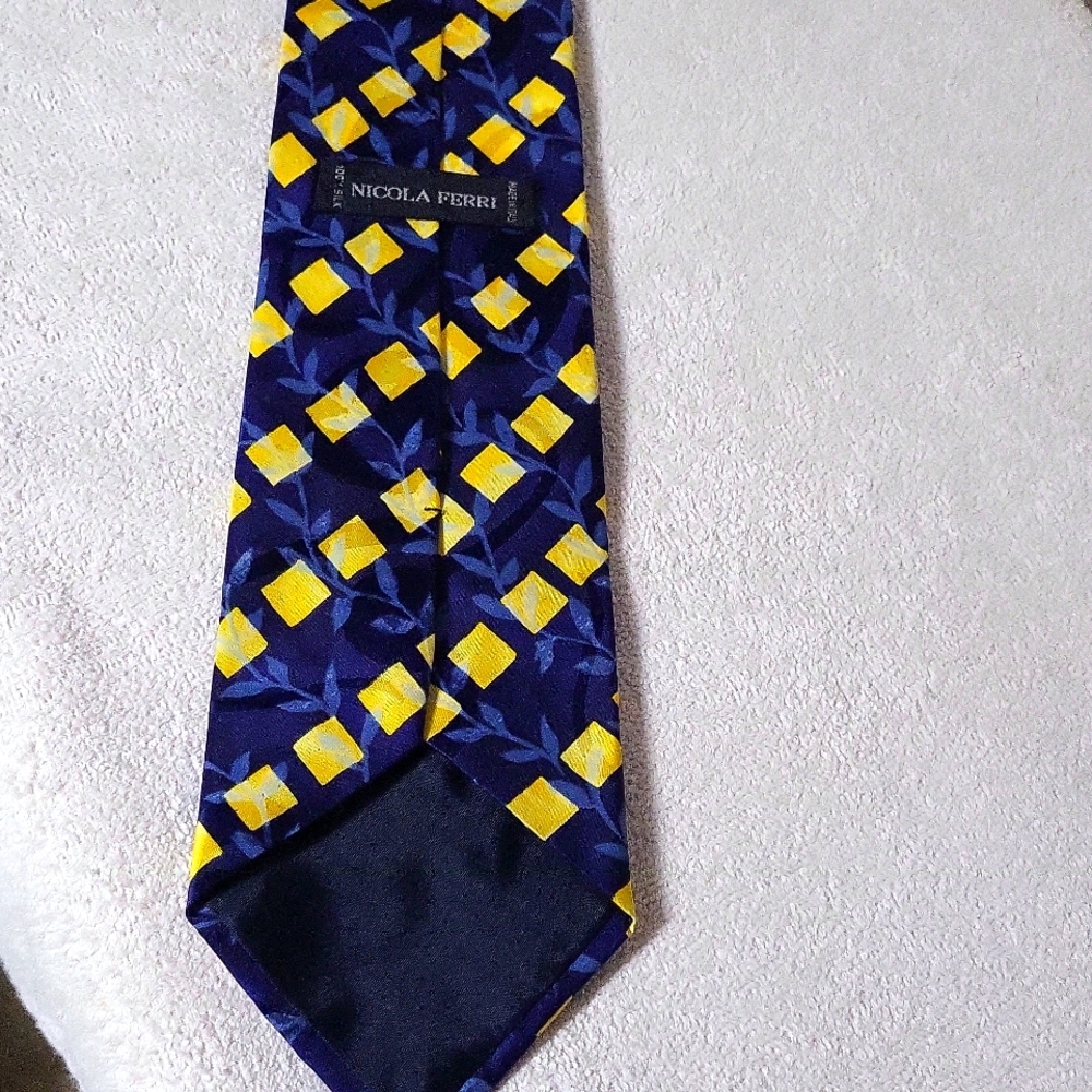 Nicola Ferri men's floral SQUARE MONOGRAM necktie, BLUE, AND GOLD YELLOW.